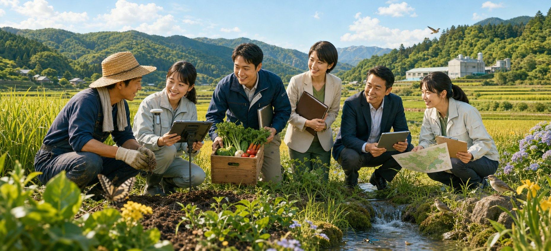 農家、技術を届ける人、食品会社、投資する人、金融機関、自治体の6人が、田畑と水辺の生きものを一緒に見守る