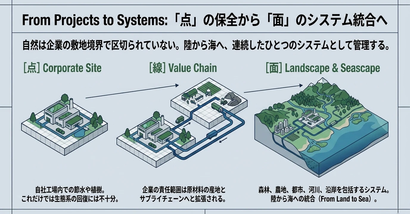 ネイチャーポジティブの要点をまとめた図: 個別の保全活動から、地域全体での取り組みへ