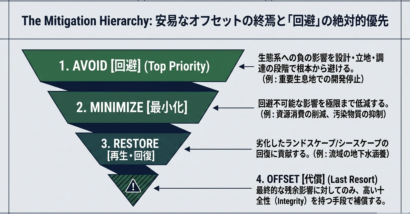 ネイチャーポジティブの要点をまとめた図: 自然への影響は、まず回避する