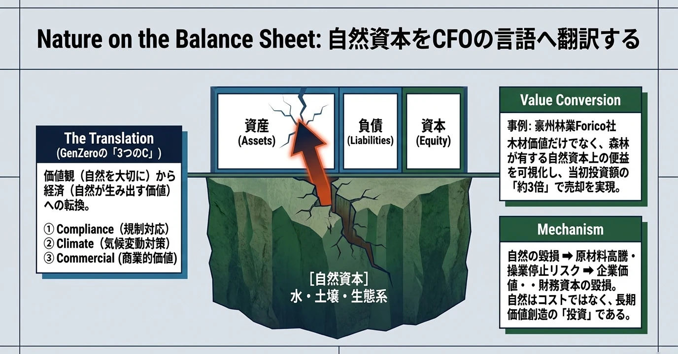 ネイチャーポジティブの要点をまとめた図: CFOの判断に役立つ自然資本の情報