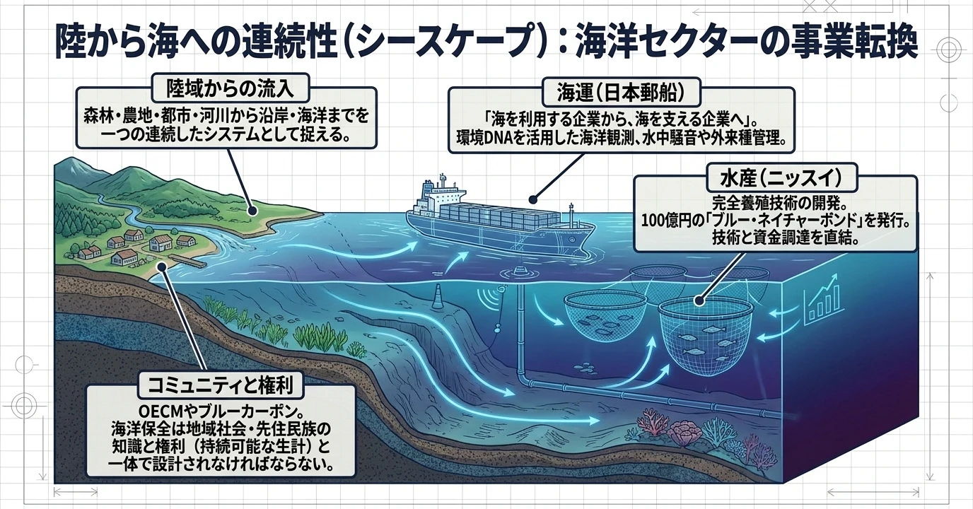 ネイチャーポジティブの要点をまとめた図: 陸上の活動と沿岸・海の事業との関わり