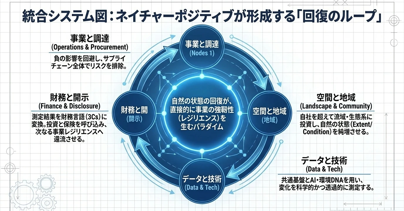 ネイチャーポジティブの要点をまとめた図: 自然再生を継続する仕組み