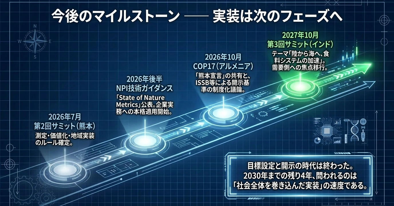 ネイチャーポジティブの要点をまとめた図: 熊本サミット後の主な予定