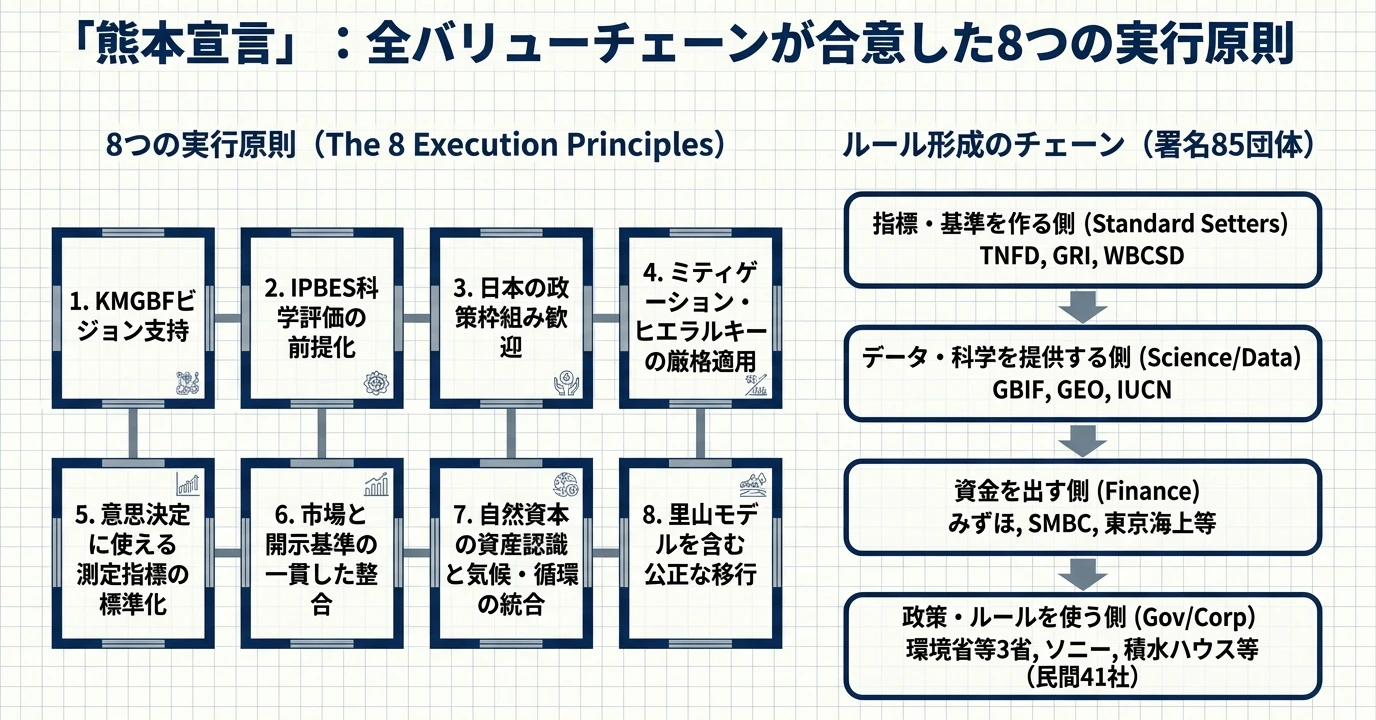 ネイチャーポジティブの要点をまとめた図: 8つの原則と担当者の仕事