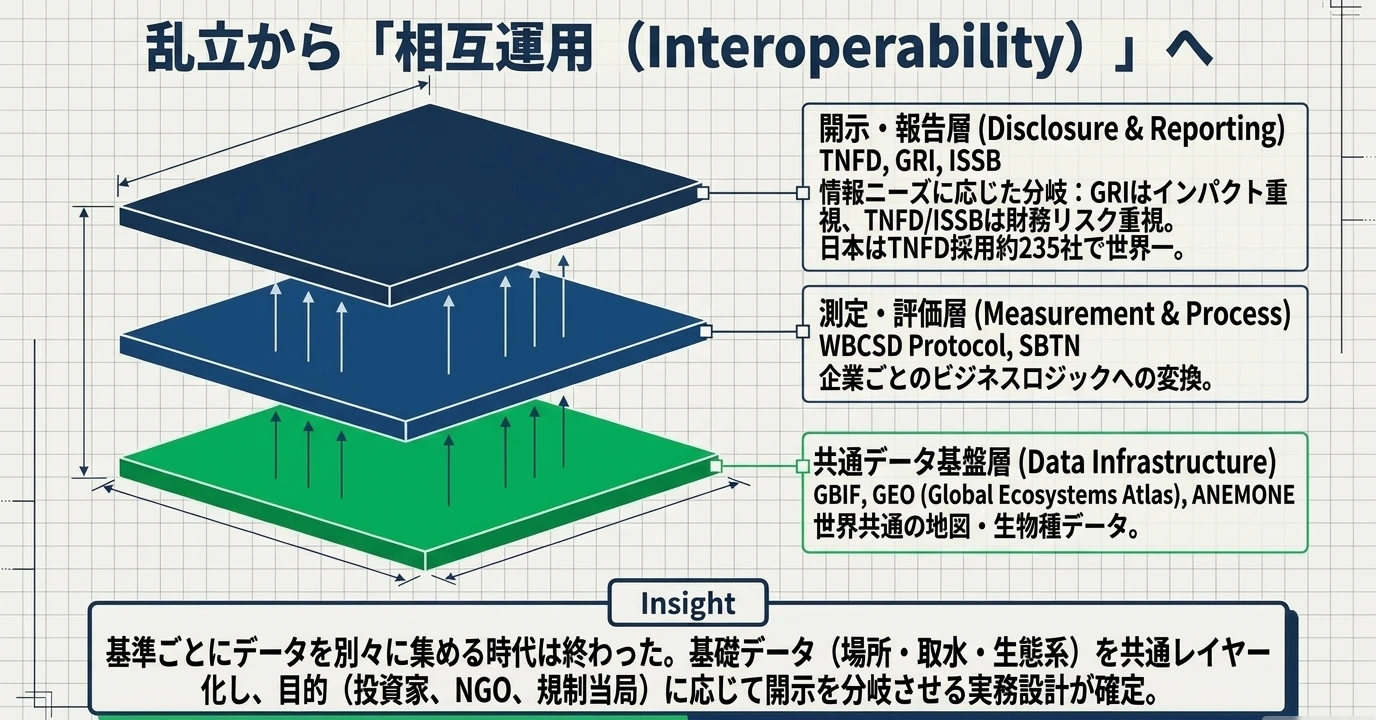 ネイチャーポジティブの要点をまとめた図: 3層の間で情報を共有する仕組み