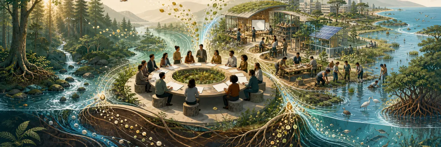 自然資本、事業、投資、自然再生が循環する経済のイラスト