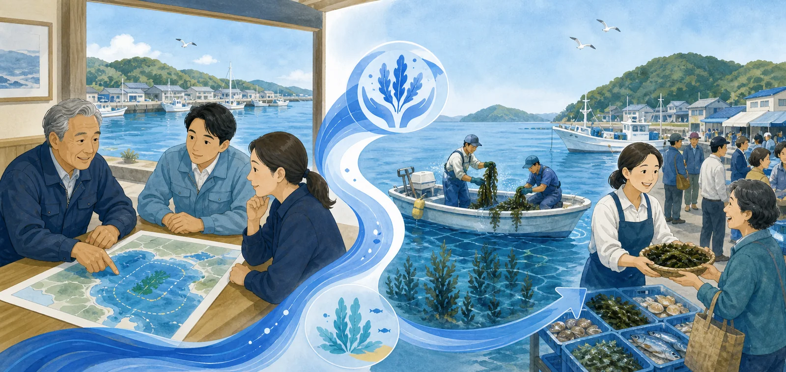 漁協、自治体、地域事業者が地図を囲み、藻場再生から港の仕事づくりへつなげる様子
