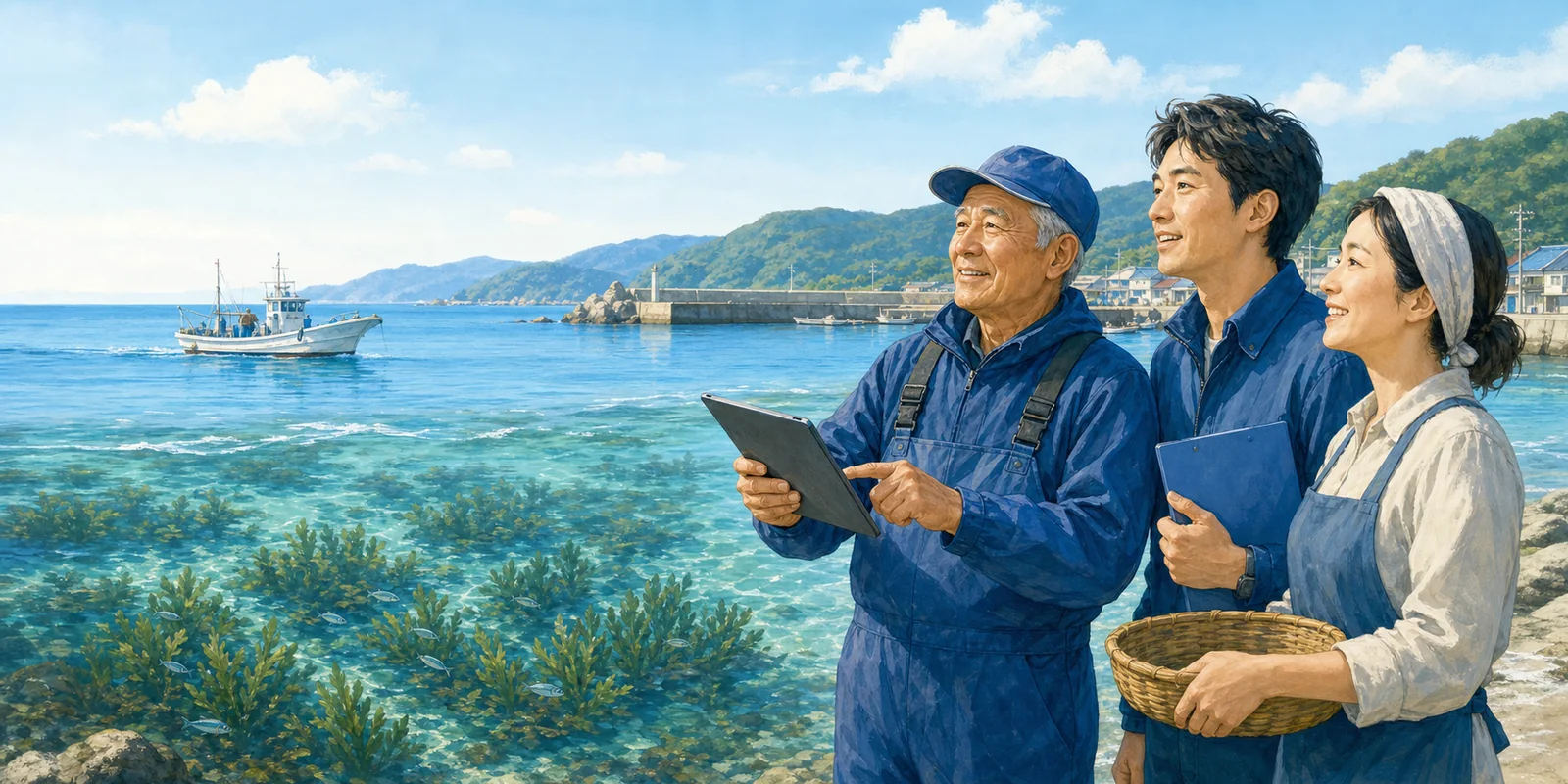 漁業者、研究者、自治体、地域の子どもたちが海辺で藻場再生の地図と観測結果を囲む様子