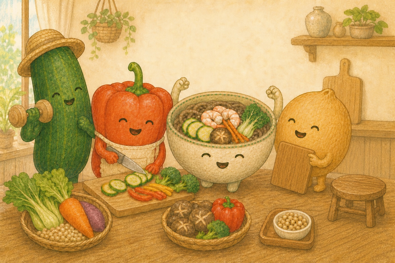 4人のキャラクターが、衣なしのゆでエビ、椎茸、にんじん、ズッキーニなどをのせたそばと軽い筋トレを楽しむ