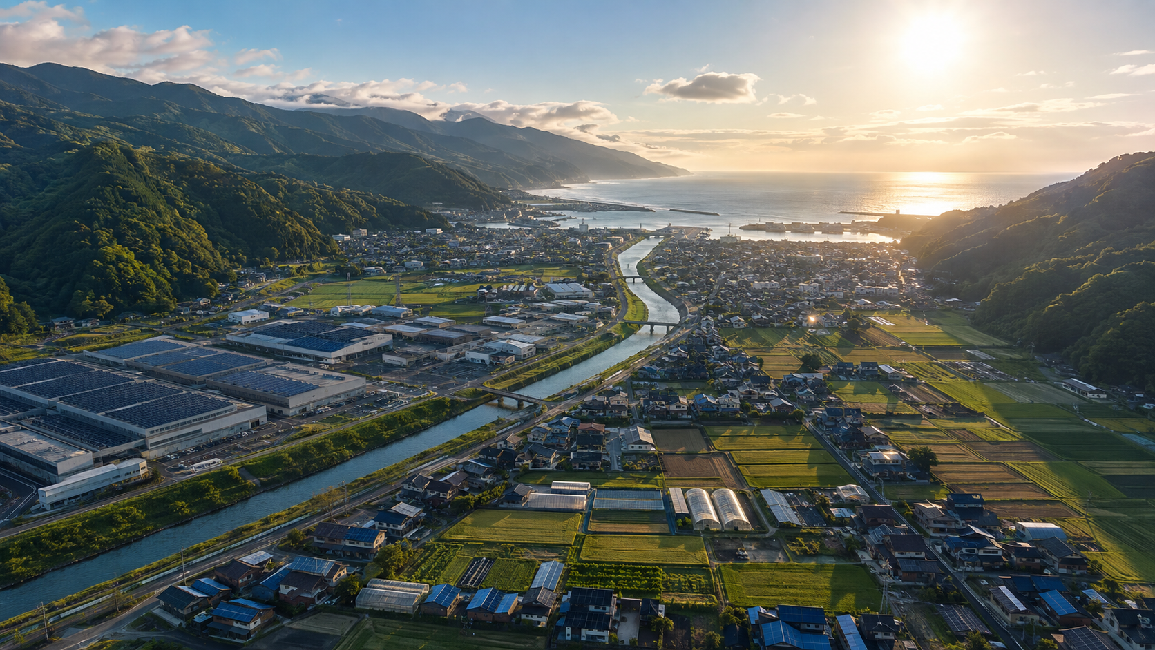 森と川、農地、屋根の太陽光発電、海がつながる地域の構想画