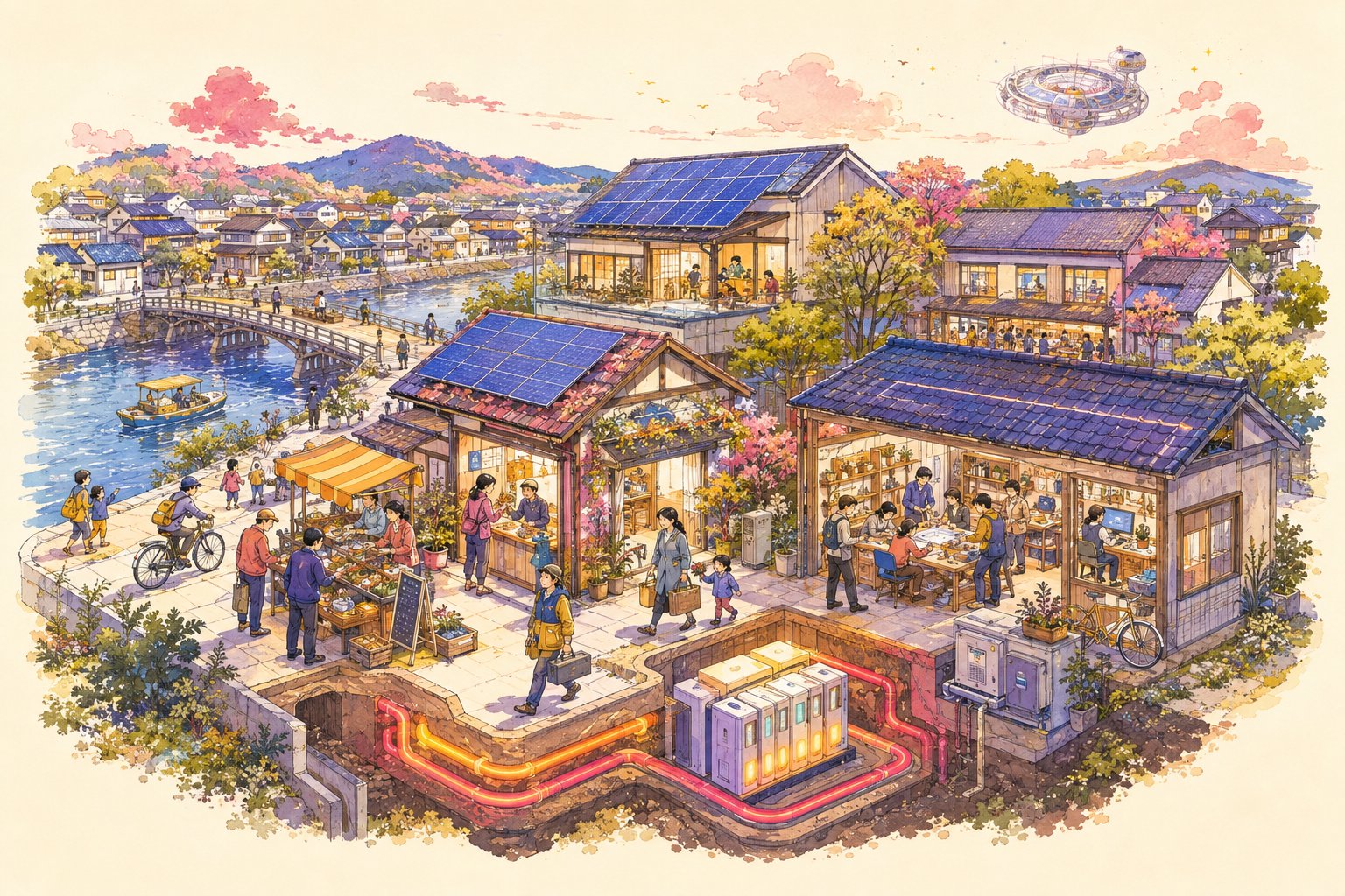 川沿いのまちで、商店や工房の人々の暮らしを太陽光・蓄電・熱の仕組みが支える構想イラスト。遠景には宇宙の居住地。